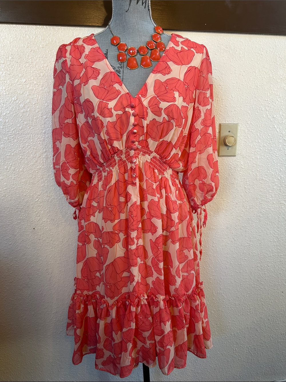 Taylor Coral Pink Floral V-Neck Midi Dress